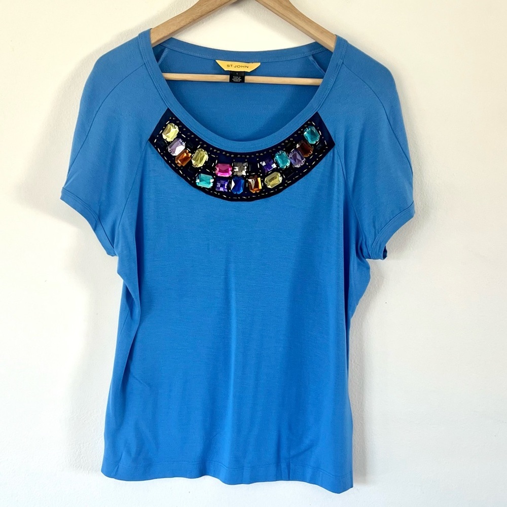 St. John‎ Blue Embellished Faux Gemstone & Beaded Short Sleeve Top Size Large